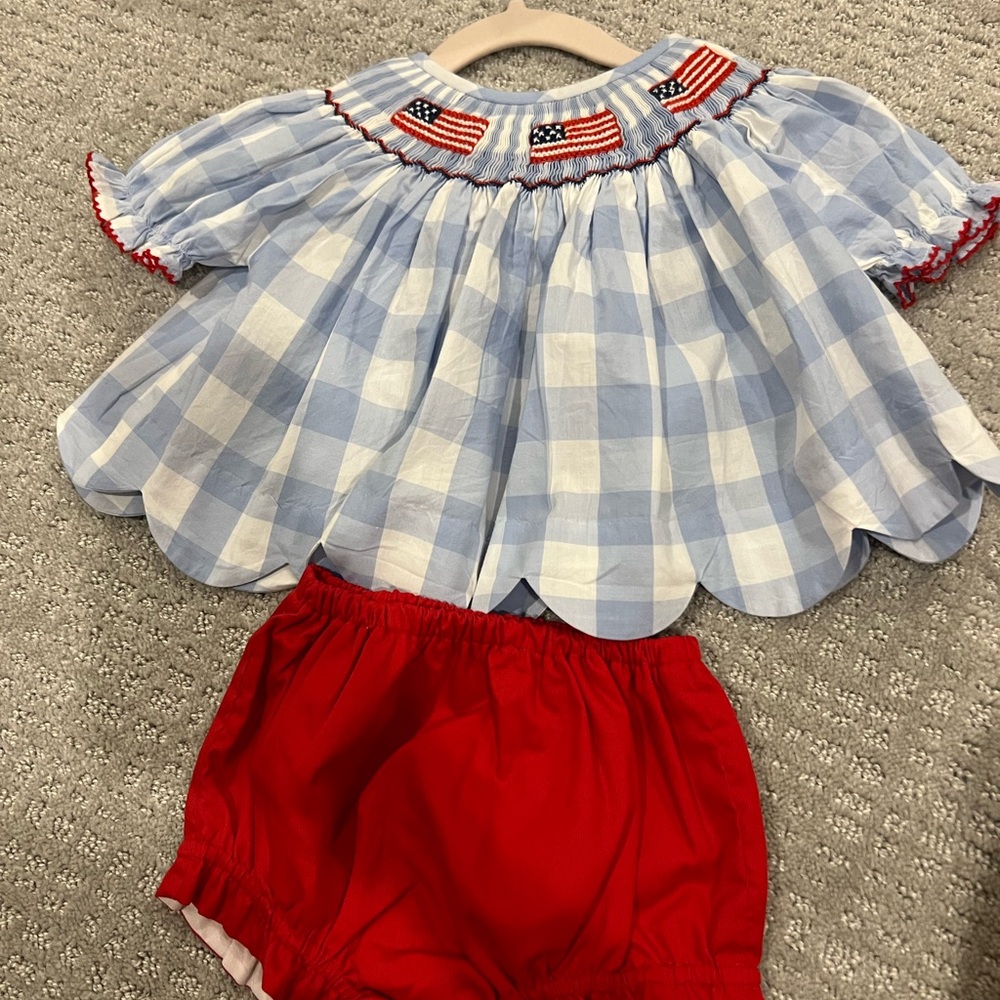 Blue and Red Smocked Casual Dress with Puff Sleeves